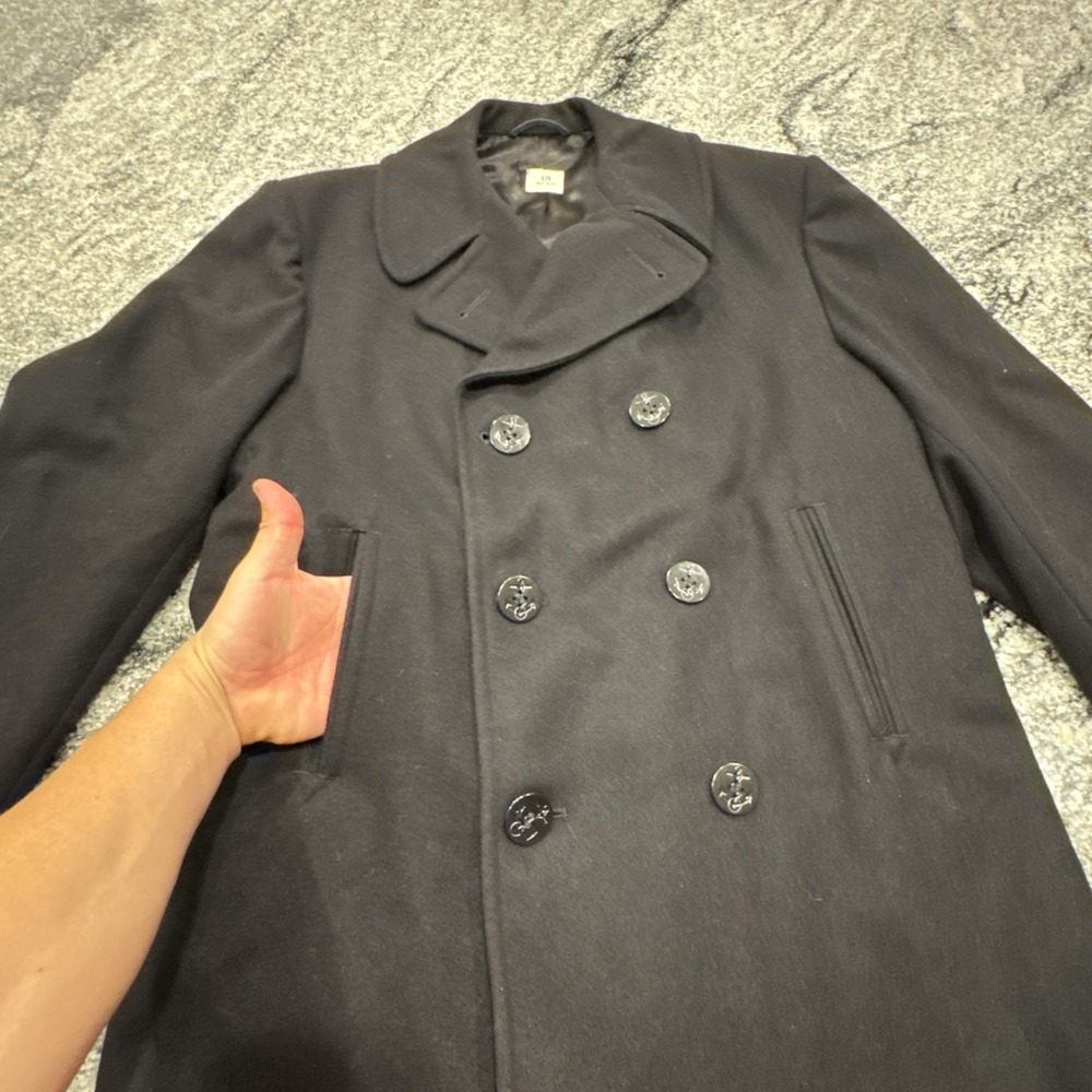 Vintage US Navy 100% Wool Pea Coat Black USN Jacket Overcoat Whaling USA 80s 42R - Picture 3 of 9